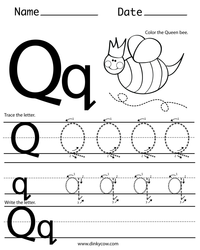 Preschooler working on a Letter Book Q worksheet identifying words that start with the letter Q