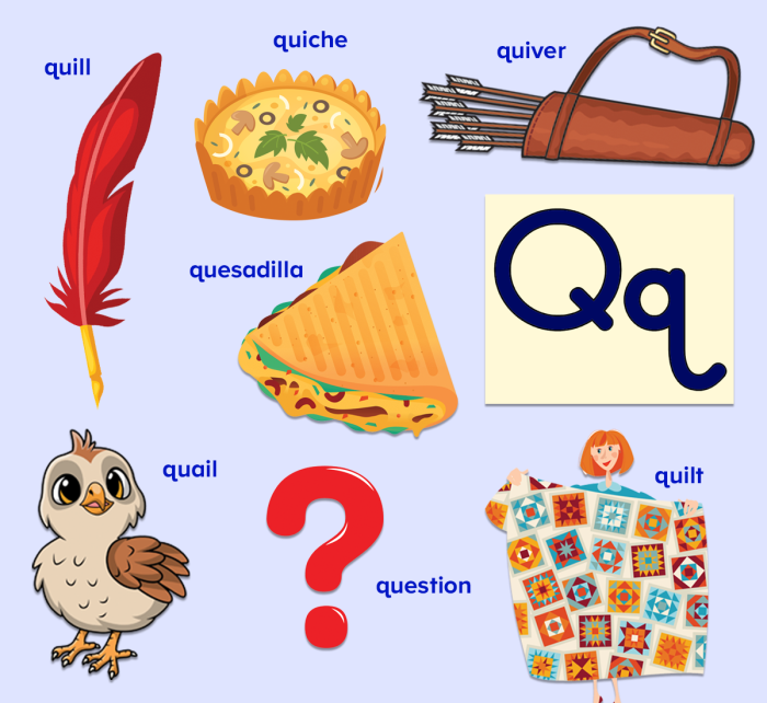 Pre-K worksheet page featuring various illustrations of items starting with the letter Q for phonics practice