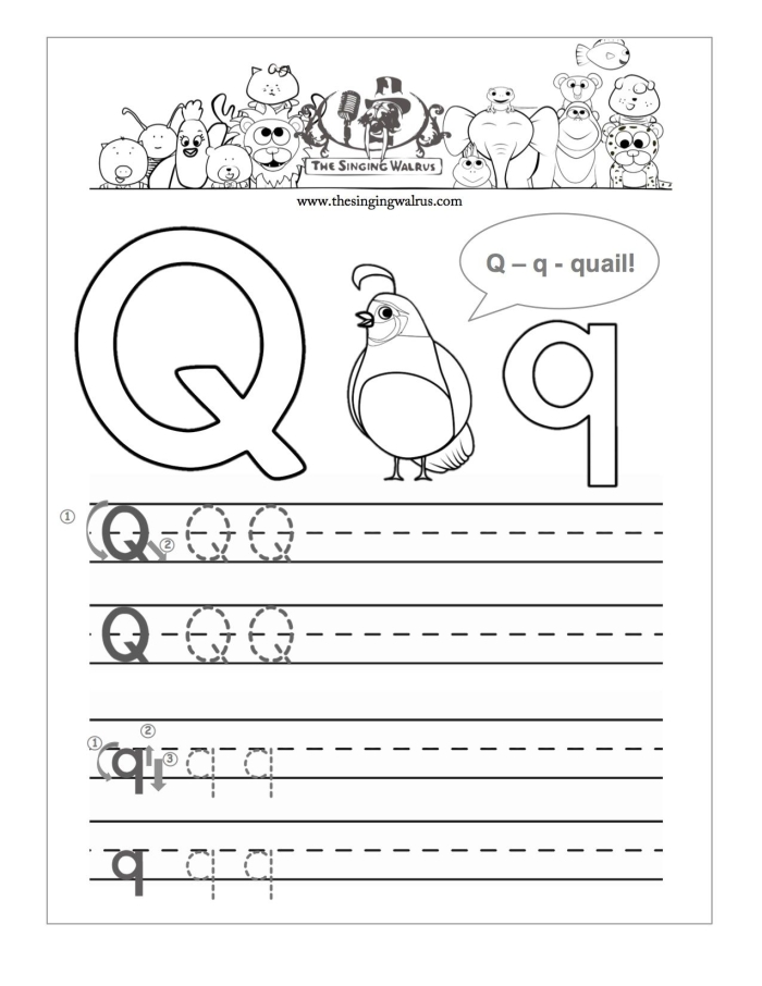 Worksheet featuring the letter Q with words for preschoolers to discover