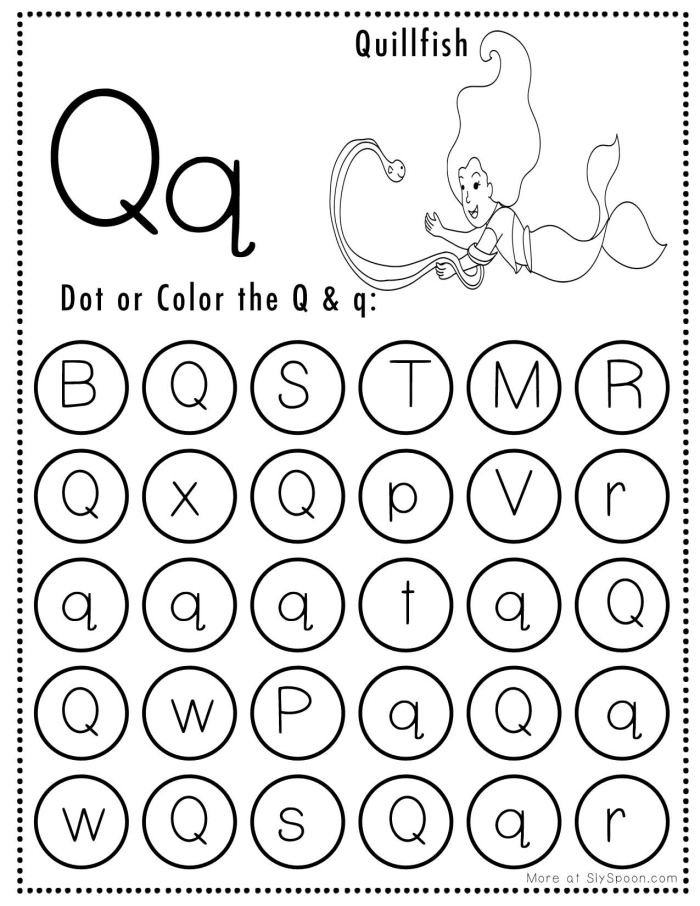 Worksheet featuring the letter Q with words for preschool and kindergarten students