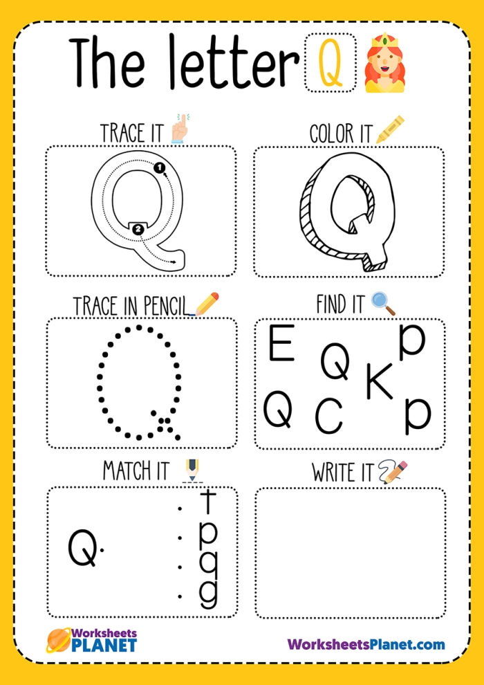 Preschooler identifying words starting with the letter Q on a printable practice page