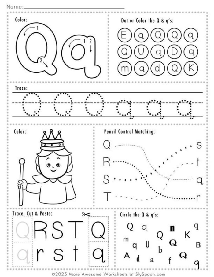 Worksheet featuring the letter Q with words for preschoolers to identify