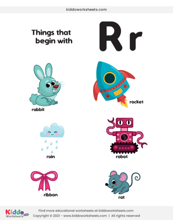 Worksheet featuring items that begin with the letter R for phonics practice. Things that Start with R! worksheet for Pre-K children.