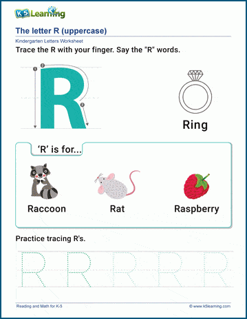 Worksheet featuring activities to identify words beginning with the letter R for young learners
