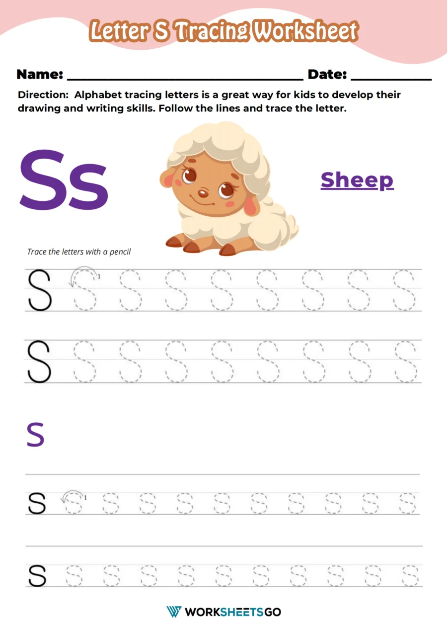 Pre-K worksheet showing dotted line paths and the letter S for tracing practice