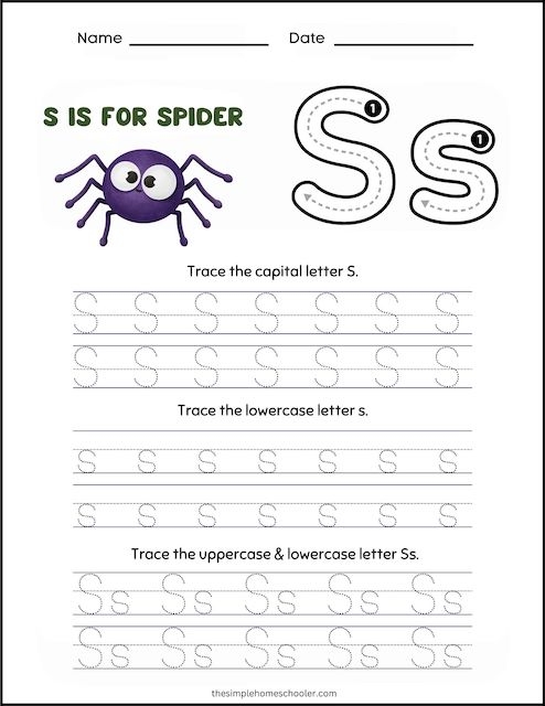 Pre-K student working on a letter S identification and handwriting practice worksheet 16