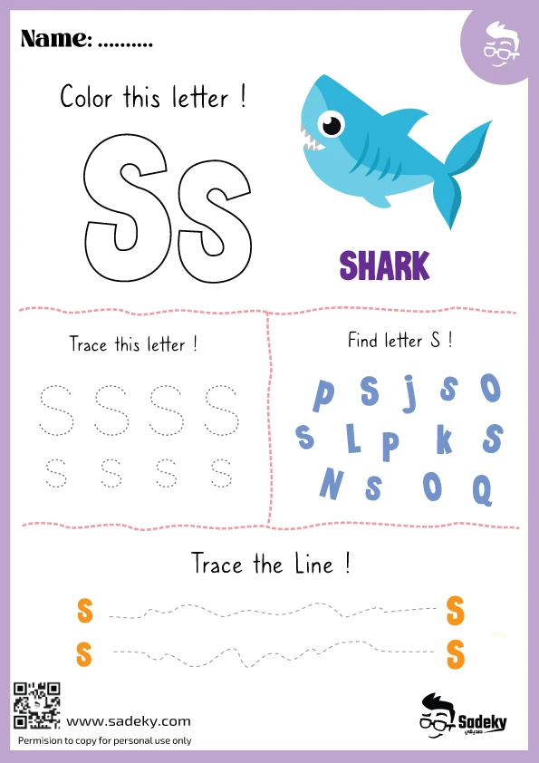 Preschooler practicing letter S handwriting and phonics identification on a printable worksheet