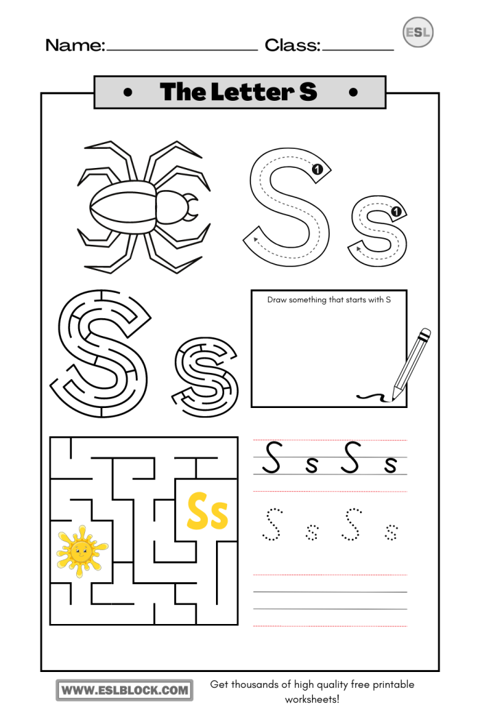 Letter S learning activity showing tracing and writing practice for preschool students