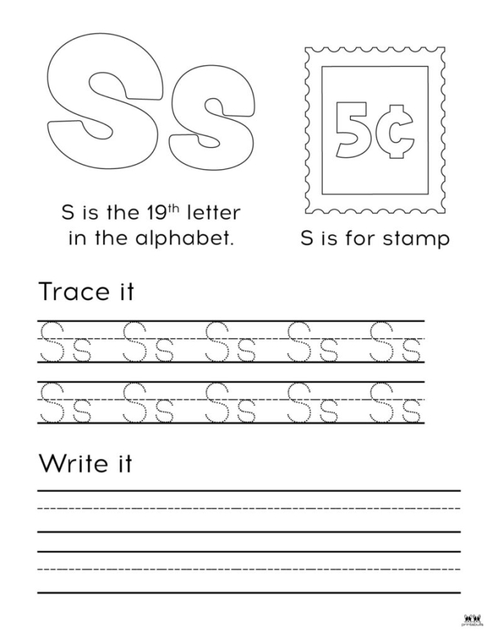 Pre-K worksheet page featuring fun tracing and identification activities for the letter S