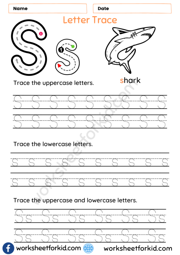 Pre-K student worksheet featuring guided lines and the letter S for tracing practice