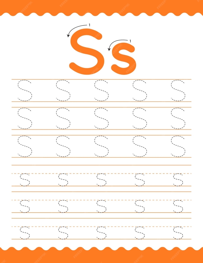 Pre-K worksheet with tracing lines and the letter S for fine motor development