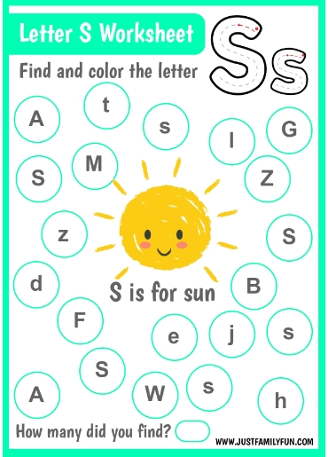 A preschool worksheet page showing letter S tracing and recognition activities with colorful illustrations
