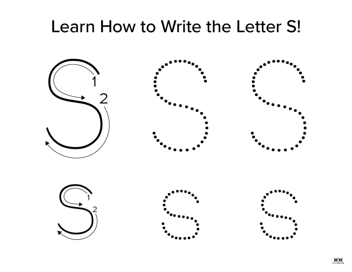 A colorful preschool worksheet featuring tracing exercises and pictures for the letter S