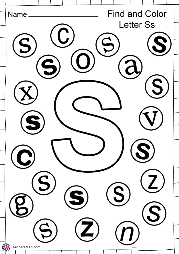 Letter S tracing and recognition practice for preschool students learning to read and write