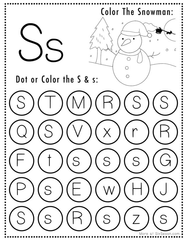 Children practicing the letter S with tracing and writing activities on a colorful worksheet