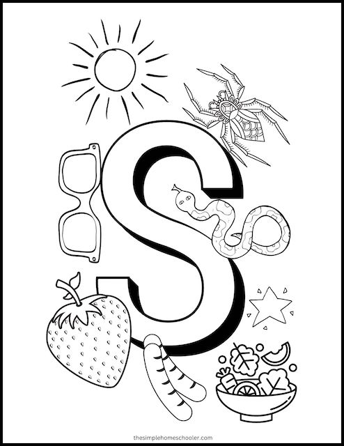 Children practicing letter S recognition and writing with colorful illustrations on a Pre-K reading worksheet