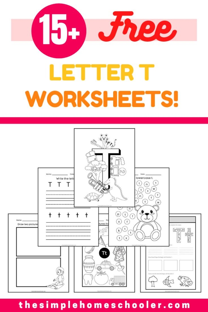 Preschoolers coloring illustrations of objects starting with the letter T on a printable activity page