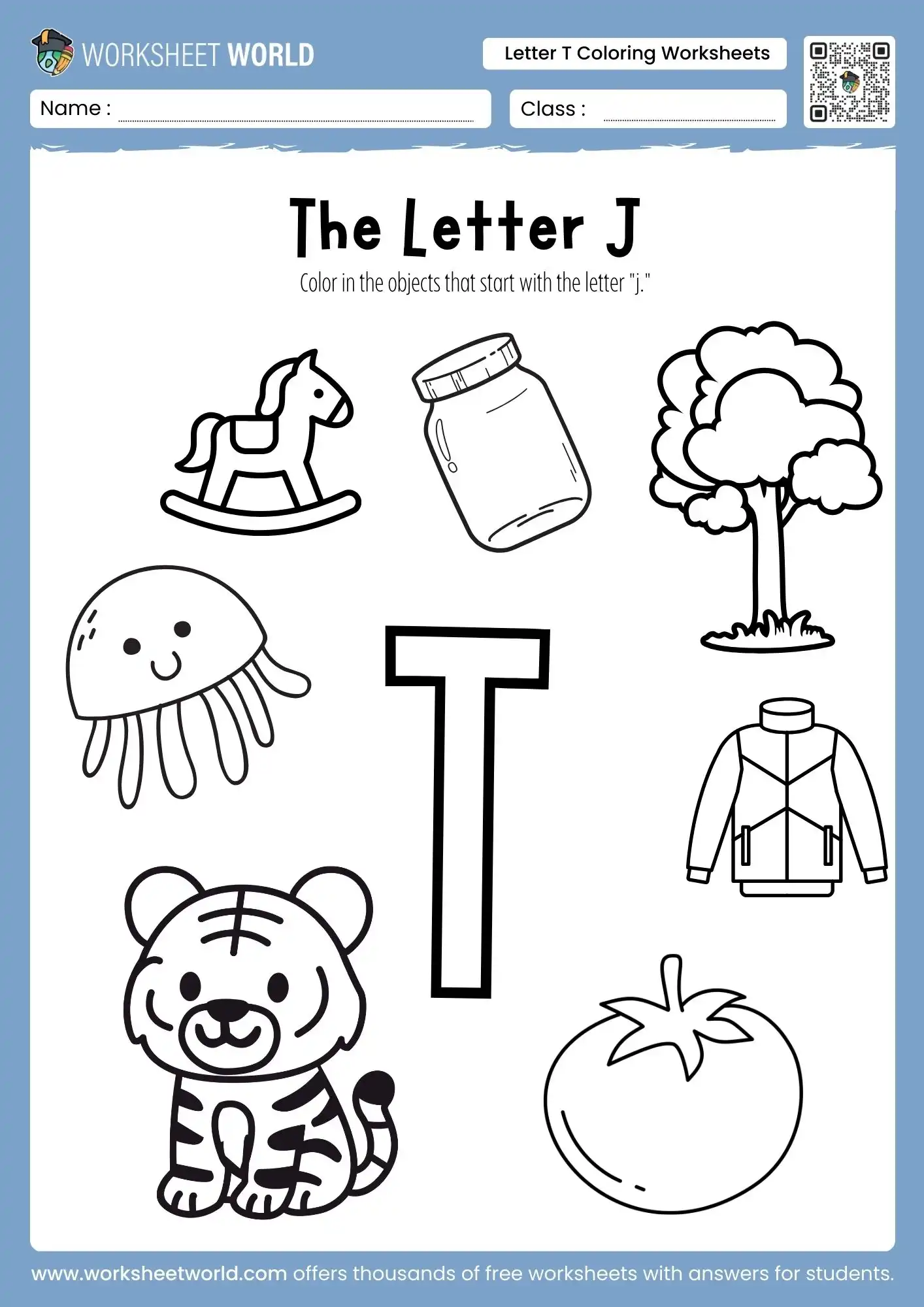 Worksheet featuring items that begin with the letter T for phonics learning