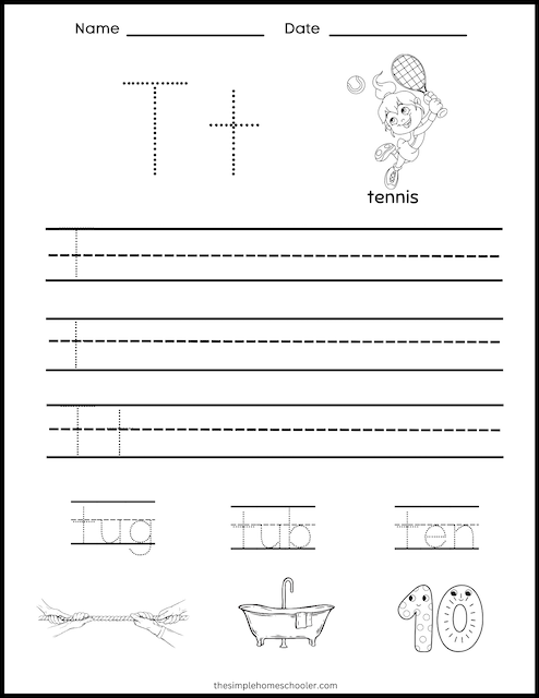 Worksheet featuring words that begin with the letter T for early learners