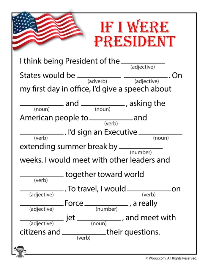 Second grade student fill-in-the-blanks worksheet for writing a letter to the president