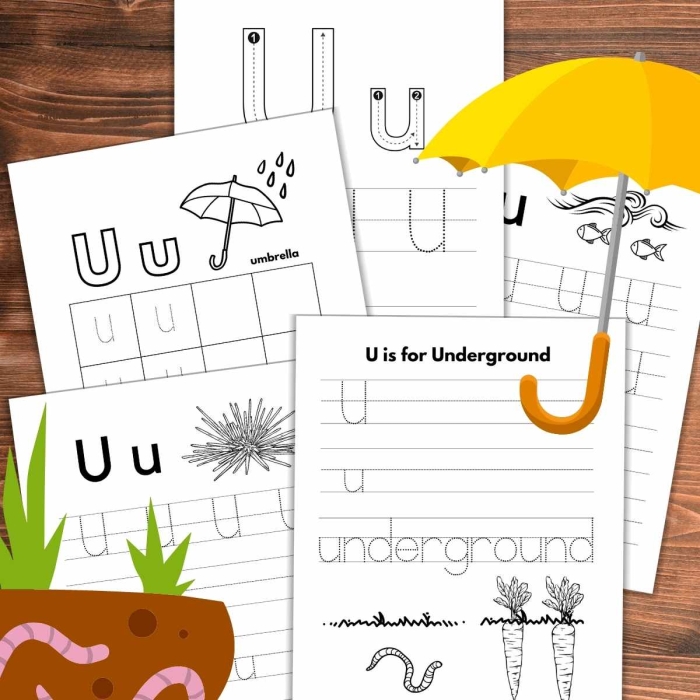Preschooler coloring a Letter U worksheet with words that start with the letter U