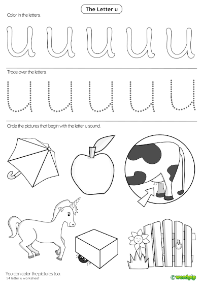 Worksheet featuring objects that begin with the letter U for phonics practice. Fun and engaging "Things that Start with U!" worksheet for Pre-K kids.