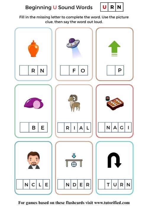 Pre-K phonics worksheet featuring various objects for children to identify that start with the letter U