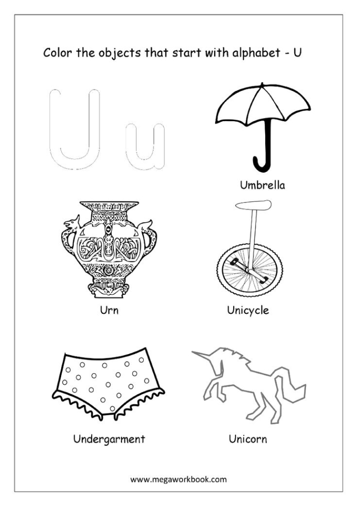 Pre-K phonics worksheet featuring images for children to identify objects that begin with the letter U