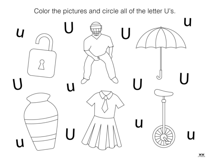 Pre-K phonics worksheet for identifying words and pictures that start with the letter U