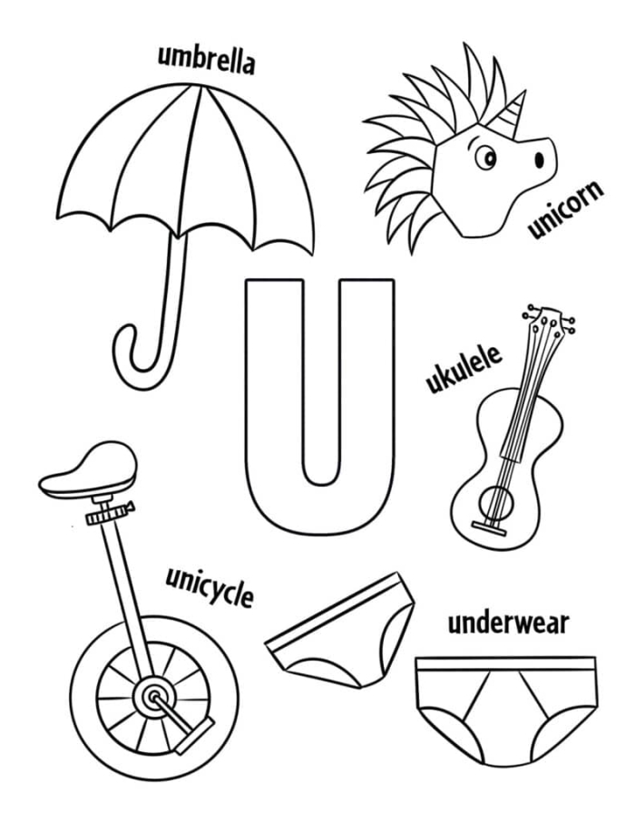 Letter U worksheet activity page with colorful illustrations for preschool learners