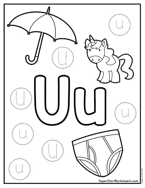 Worksheet featuring letter U activities for preschoolers and kindergarteners