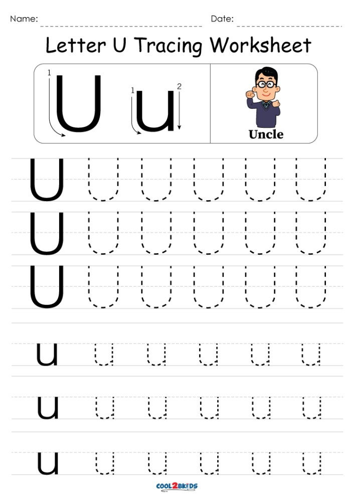 Preschooler completing a Letter Book U activity worksheet to identify words starting with the letter U