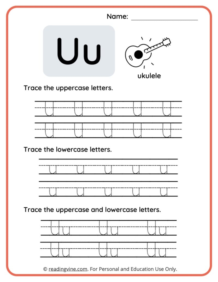 Preschool worksheet featuring tracing exercises and vocabulary words that begin with the letter U