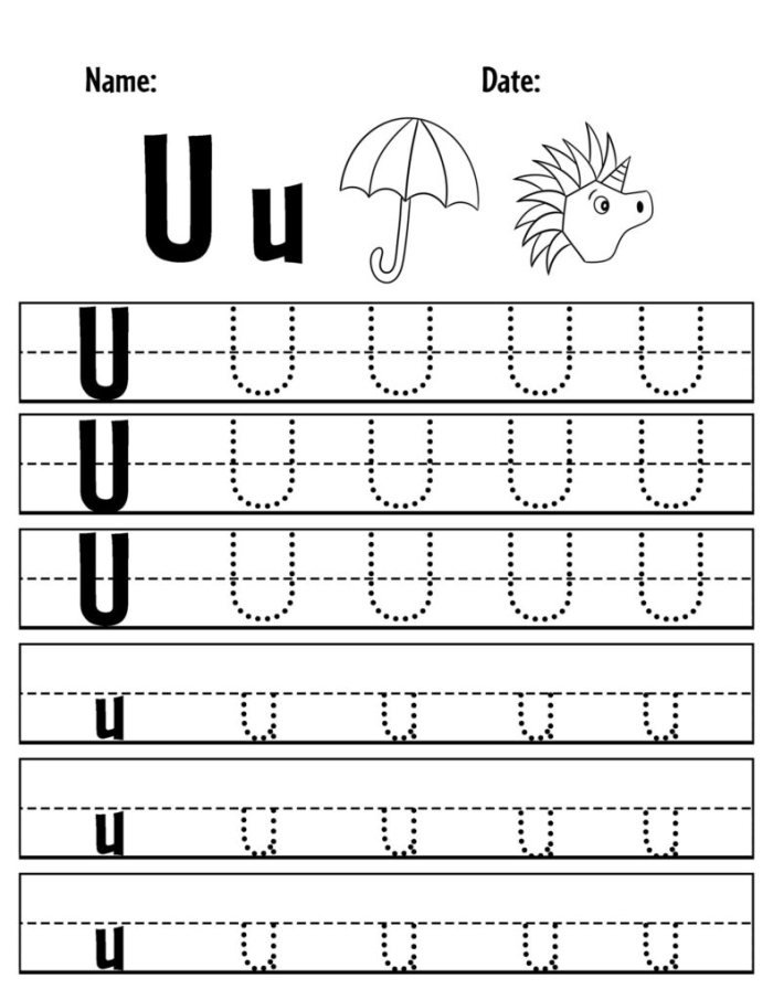 Worksheet featuring words that begin with the letter U for young learners