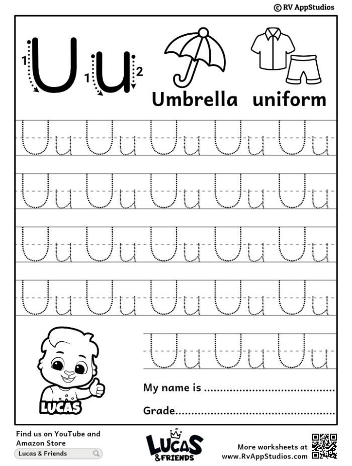 Letter U vocabulary worksheet for preschool students featuring images of umbrellas and unicorns