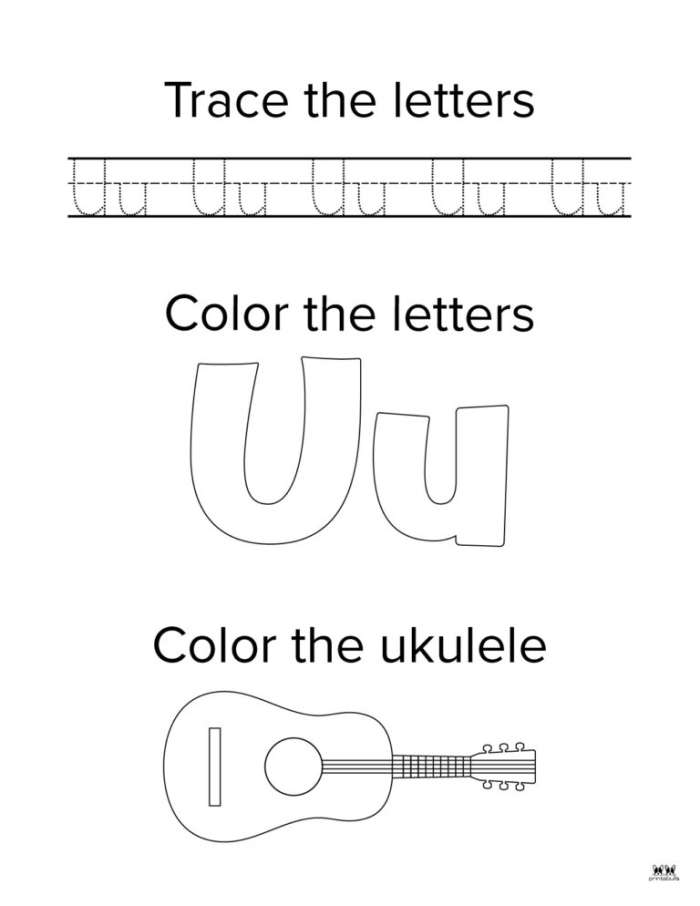 Letter U worksheet showing pictures of umbrellas and unicorns for preschool students