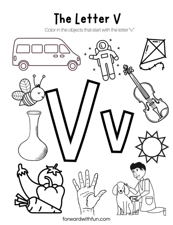Preschooler identifying words starting with the letter V on a printable worksheet