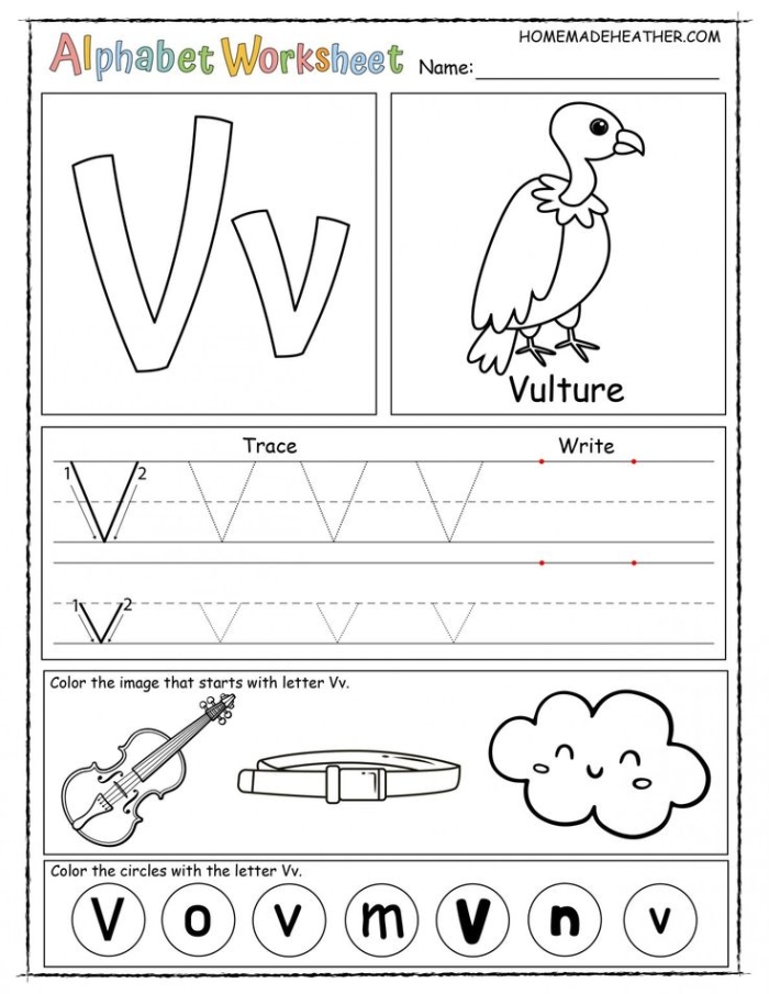 Preschool worksheet featuring fun activities to identify words starting with the letter V