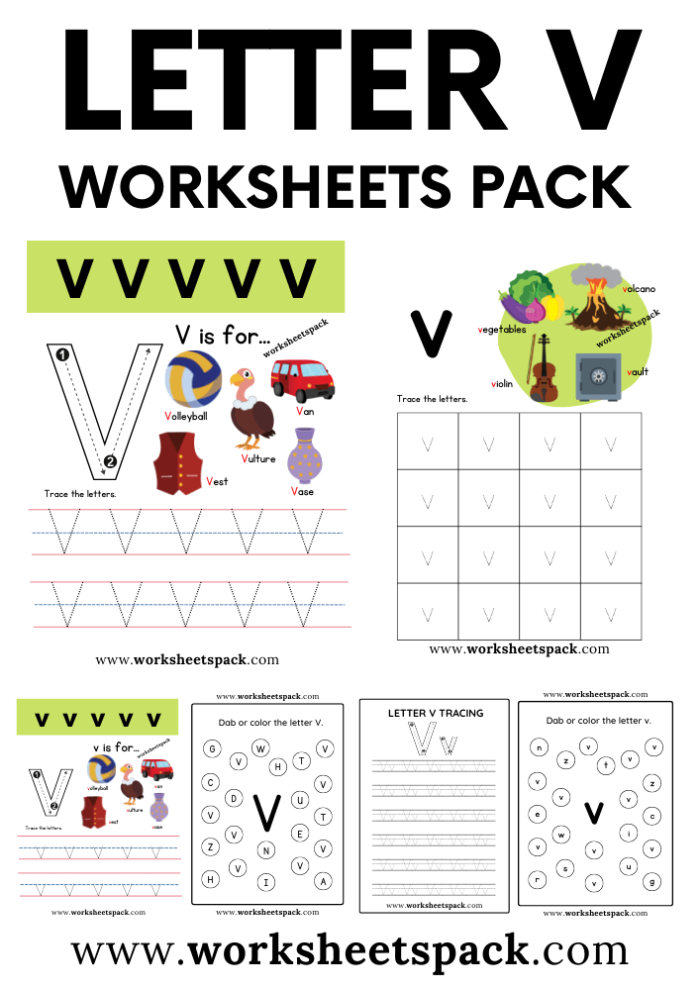 Preschool activity sheet featuring letter V vocabulary words and tracing exercises