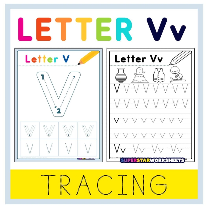 Tracing the Letter V Pre-K Writing Worksheet 11 Pre-K student worksheet showing dashed lines and the letter V for tracing practice