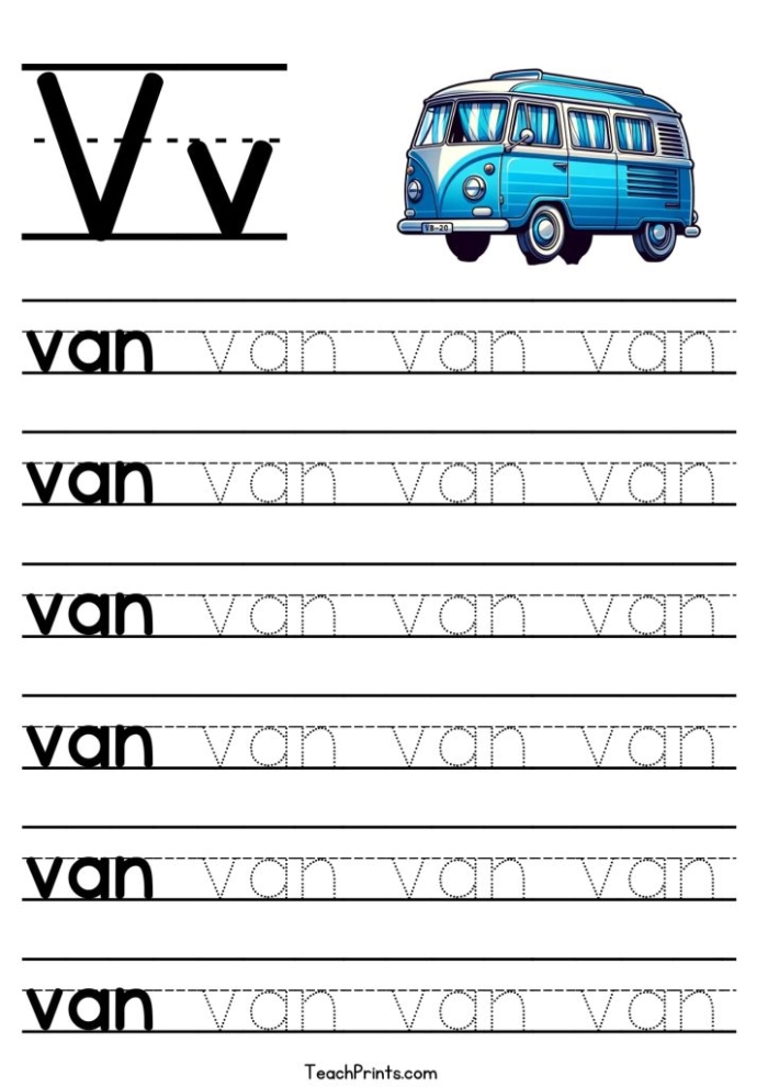 Practice Tracing the Letter V Worksheet Number 5 Pre-K student worksheet showing guided line tracing exercises followed by letter V practice