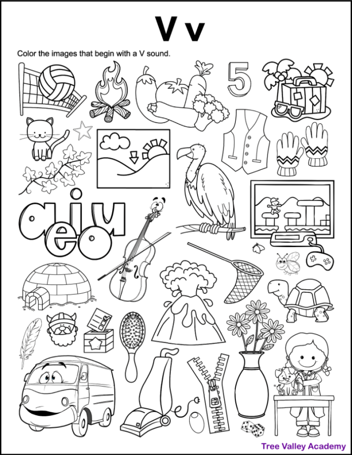 Worksheet featuring letter V words for preschool learning