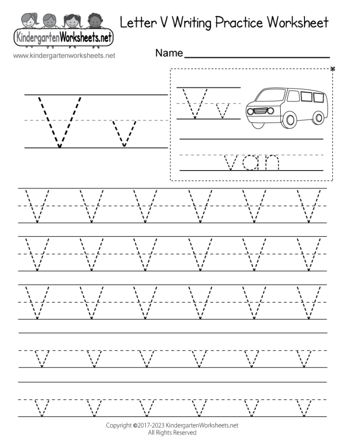 Preschooler working on a Letter Book V worksheet to identify words starting with the letter V