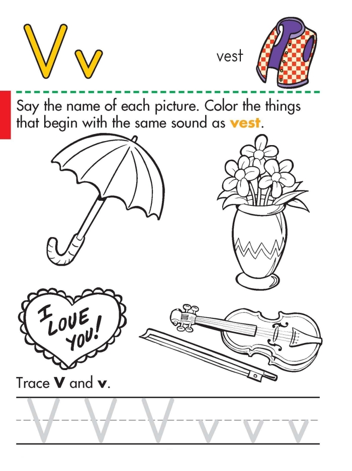 Preschool worksheet featuring letter V vocabulary words for students to identify