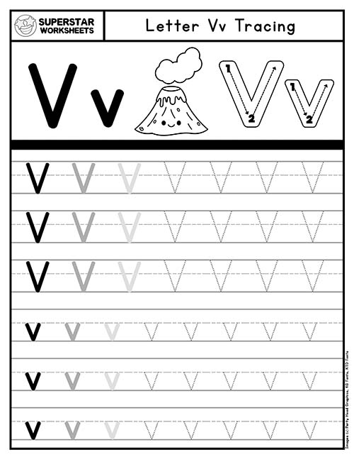 Preschool worksheet featuring a variety of illustrations representing words that begin with the letter V