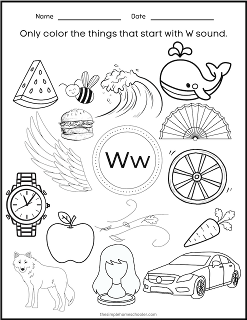 Worksheet featuring a hands-on activity for preschoolers to identify words that begin with the letter W
