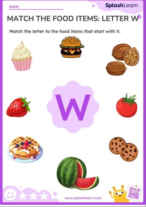 Worksheet featuring objects that begin with the letter W for phonics practice