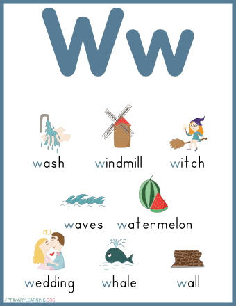 Pre-K phonics worksheet for identifying words and objects that begin with the letter W
