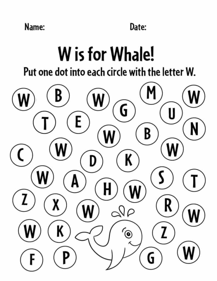 Worksheet featuring words that begin with the letter W for preschool and early elementary students