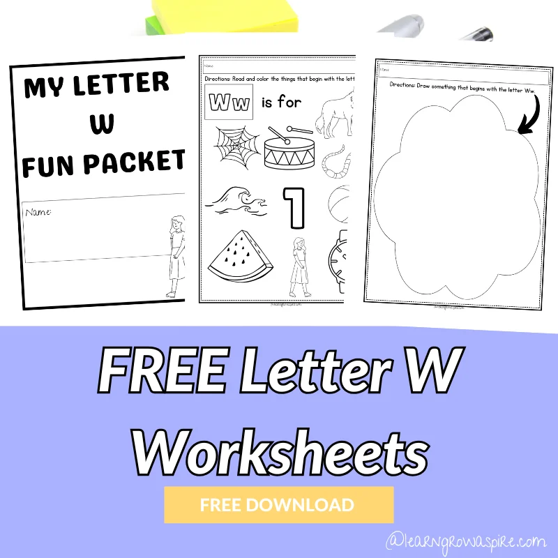 Preschool worksheet featuring illustrations of various objects that begin with the letter W